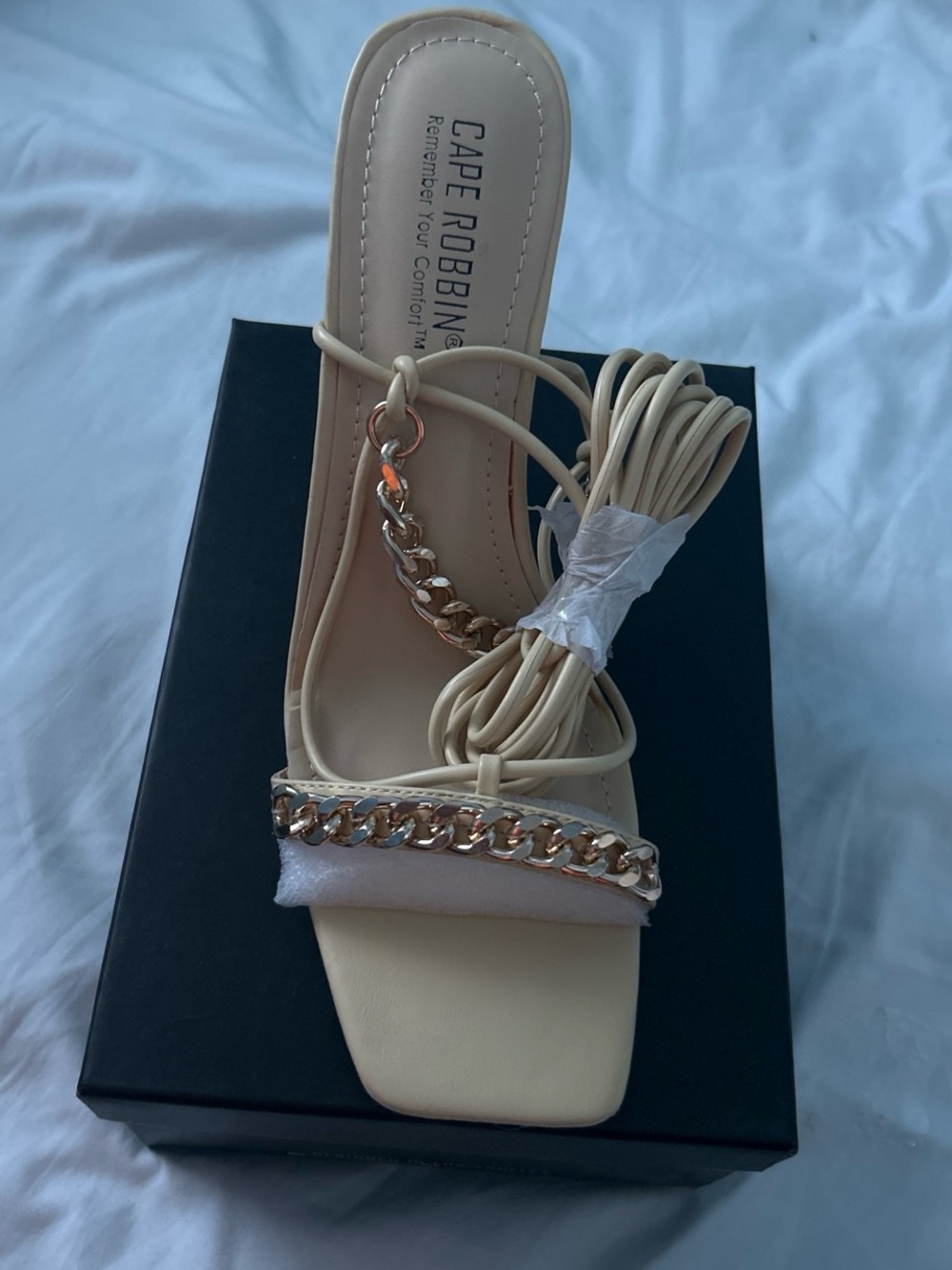 Cape Robbin Cream Lace-Up Chain Block Heel Sandal